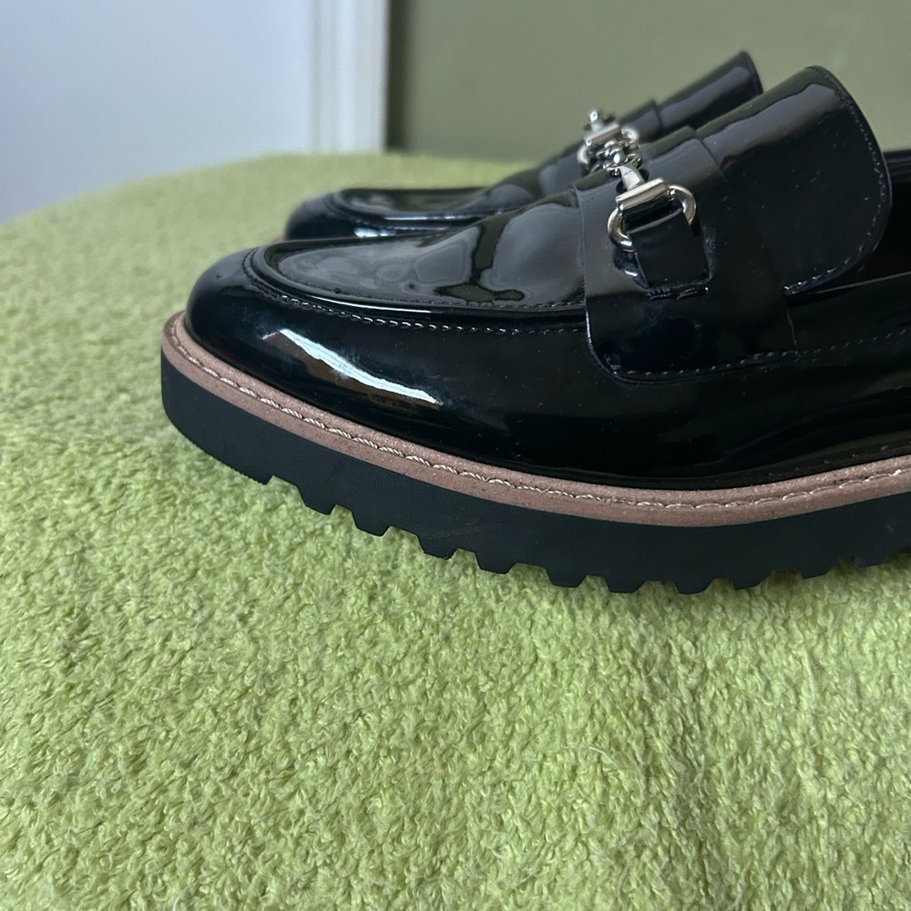 NWOB Franco Sarto Colette Glossy Black Loafers with Silver Accents - Picture 7 of 10